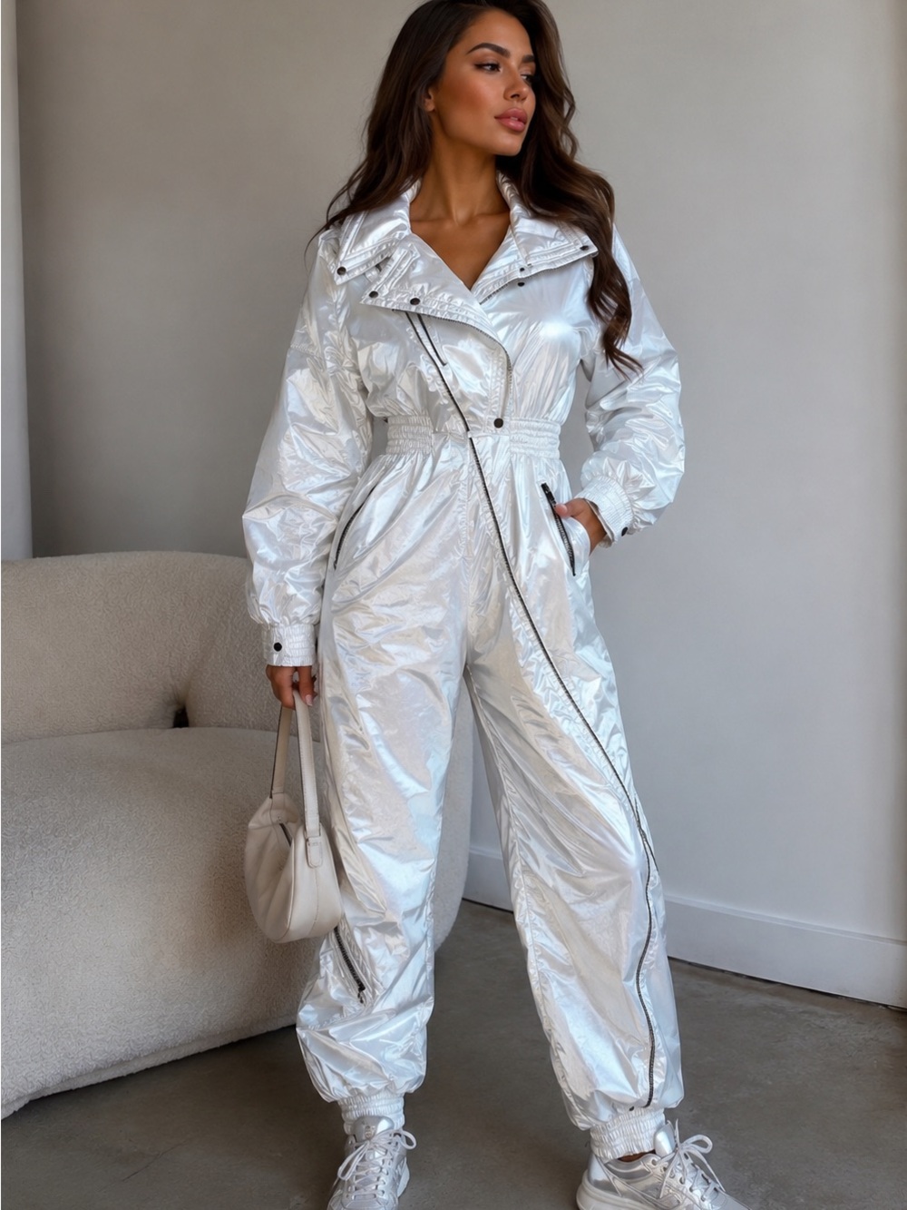 Skea Vintage Size 6 Ivory Ski Suit Women's Jumpsuit - Sleek Zippered One-Piece